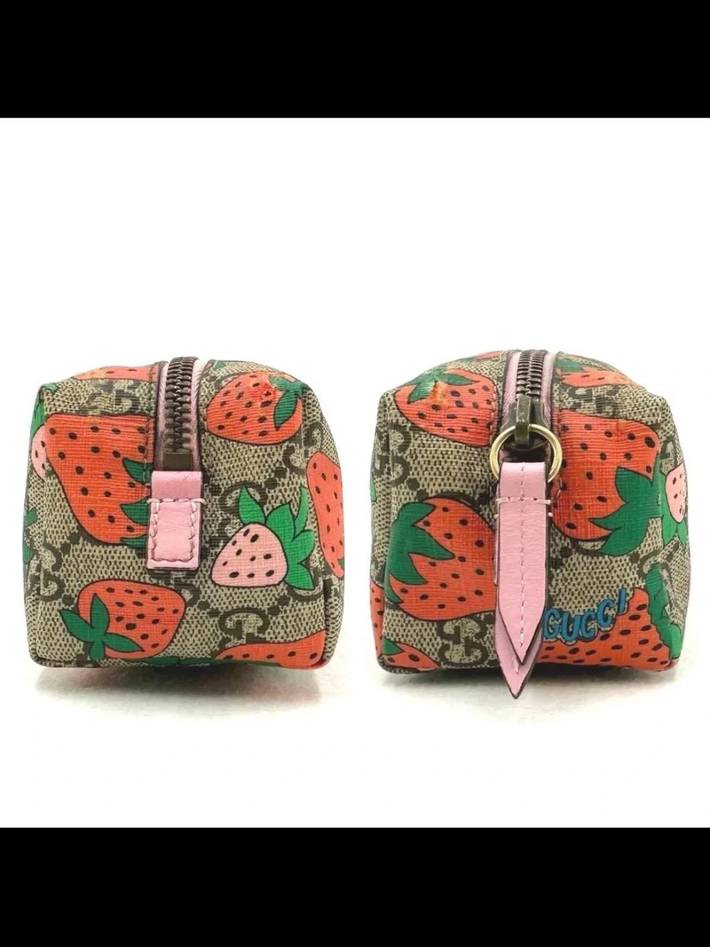 Gucci Brown GG Strawberry Print Cosmetic Pouch with Pink & Green Accents